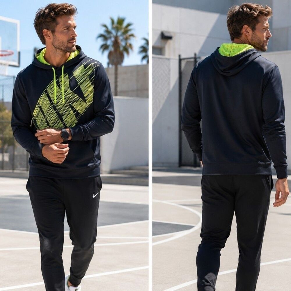 Nike L Hoodie Sweatshirt Black Pullover Athletic Neon Spellout Gym Athleisure